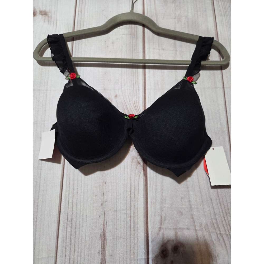 Parade Eightball Silky Mesh Underwire Bra Black Rose Floral Ruffle Trim S+ New